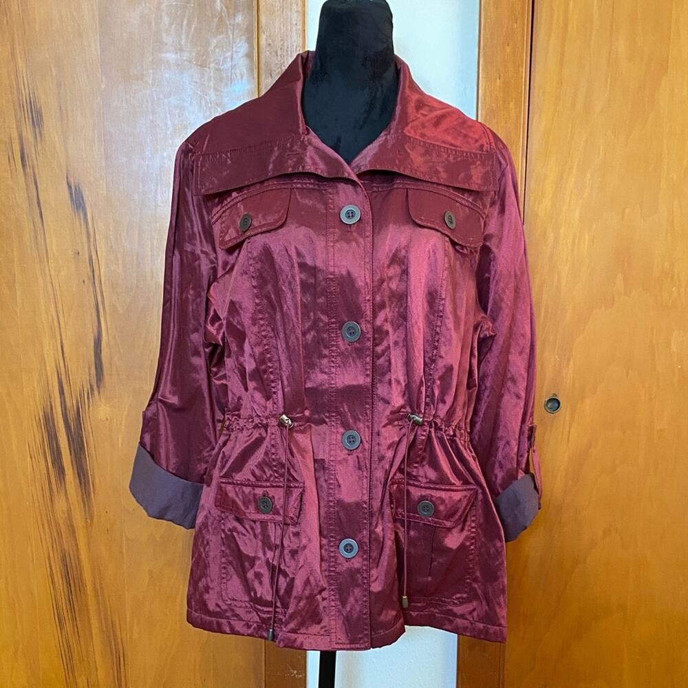 Metallic Burgundy Trench Coat Jacket 3/4 Sleeves Cargo Pockets Drawstring Waist